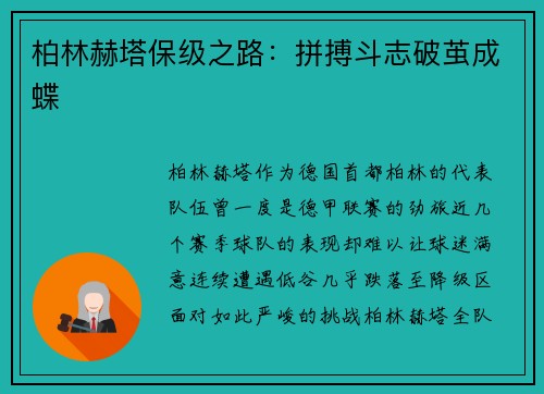 柏林赫塔保级之路：拼搏斗志破茧成蝶