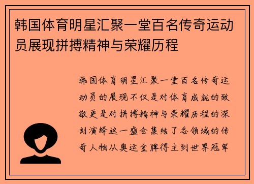 韩国体育明星汇聚一堂百名传奇运动员展现拼搏精神与荣耀历程