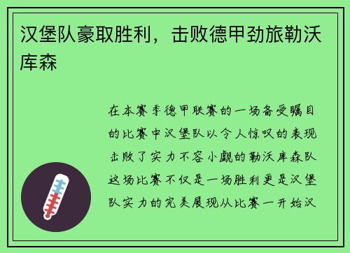 汉堡队豪取胜利，击败德甲劲旅勒沃库森
